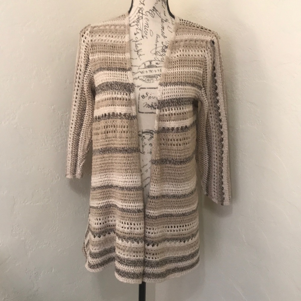 Style & Co Brown Striped Long Sleeve Open Front Knit Cardigan Sweater Size LG